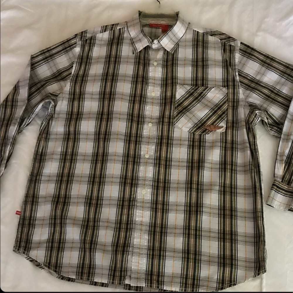 VINTAGE ROCAWEAR, Plaid Print Long Sleeve Button Down Shirt, Sz 2XL, Black/Multi